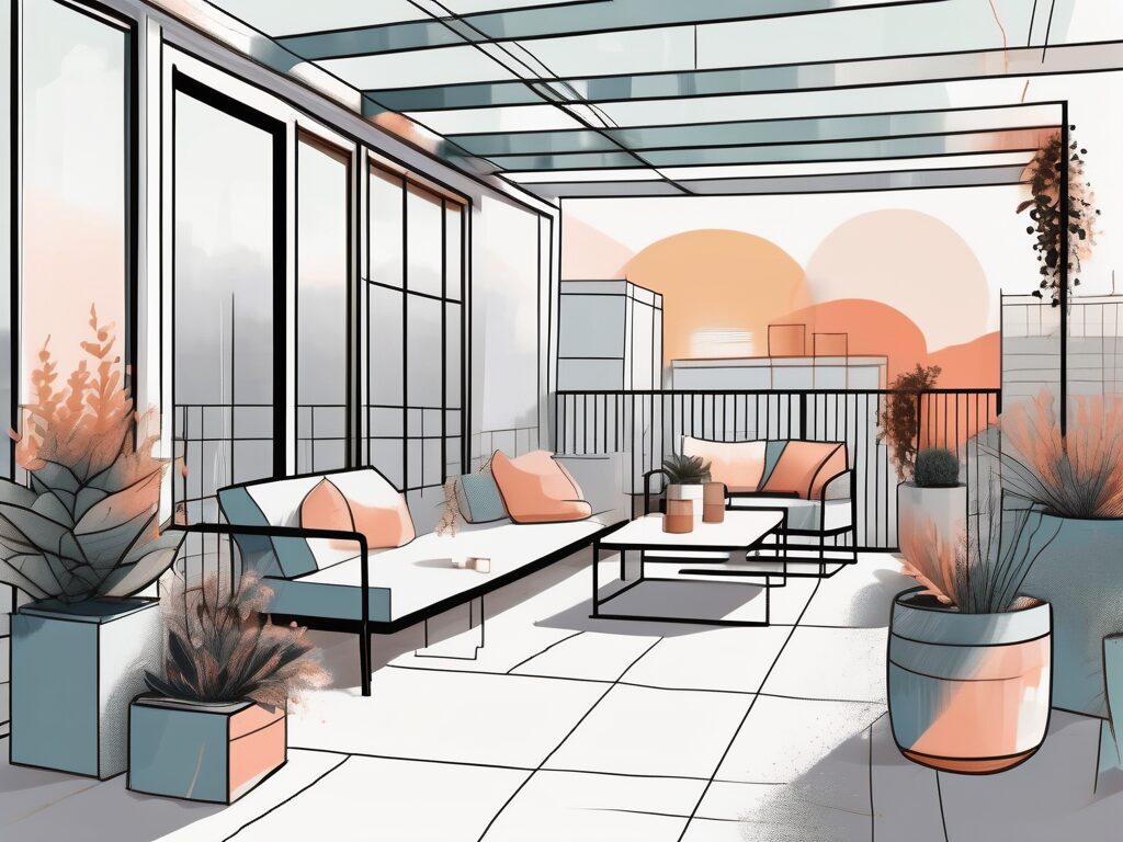A stylish rooftop patio featuring various elements like patio furniture