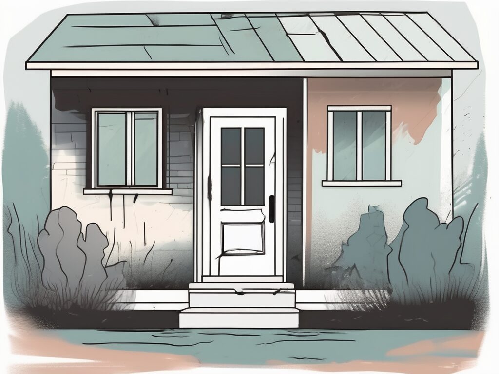 A house with visible signs of disrepair (like a broken window or a leaky roof) and a closed front door