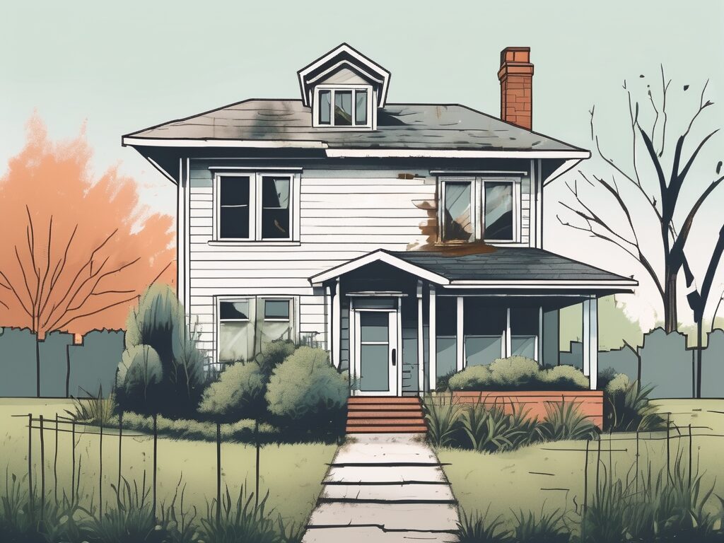 A house with a 'for sale as-is' sign on the lawn