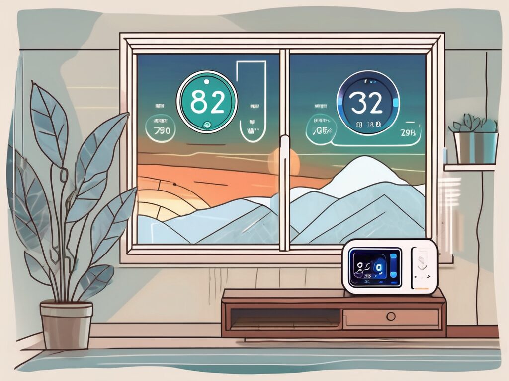 A smart thermostat displayed prominently in a cozy room with visible elements like a radiator and an air conditioner