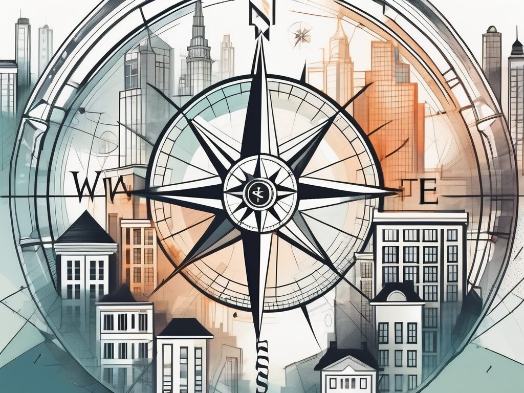 A compass superimposed on a stylized cityscape