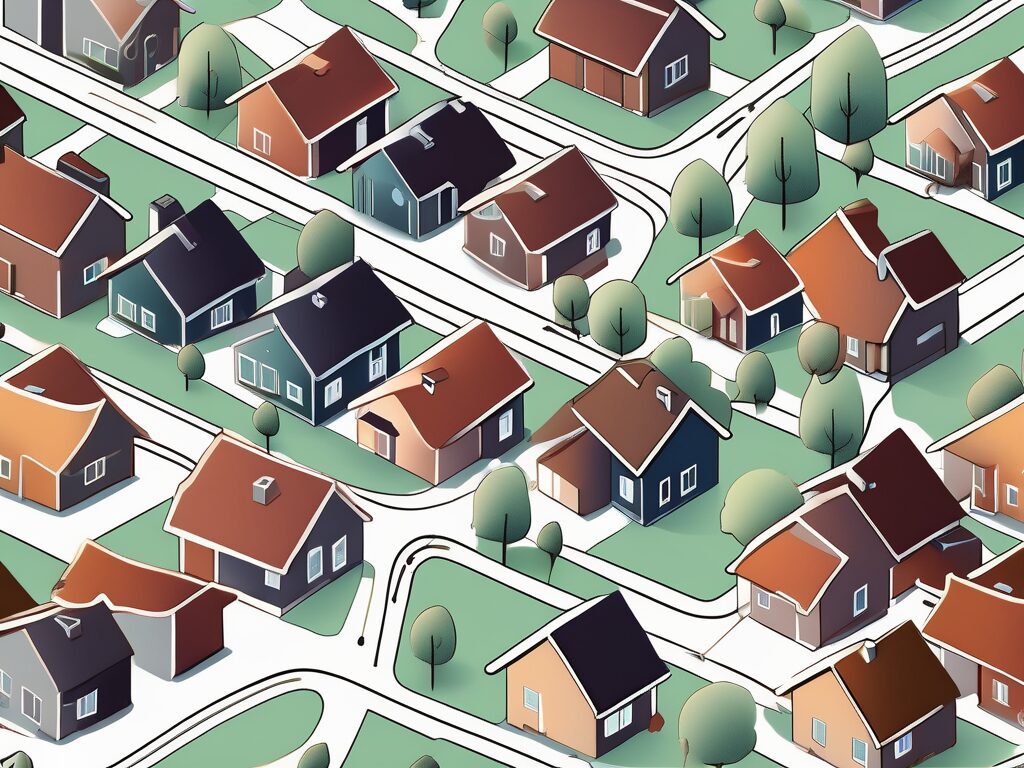 A variety of homes of different sizes and styles scattered across a map