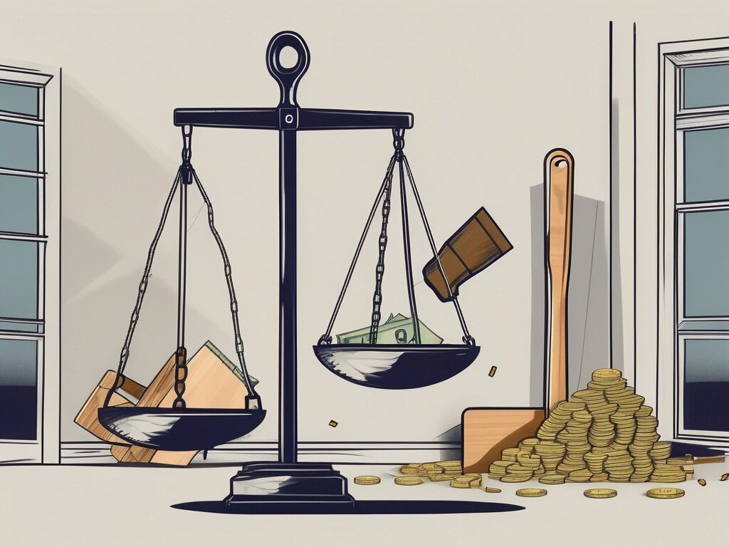 A house under renovation with a balance scale in the foreground