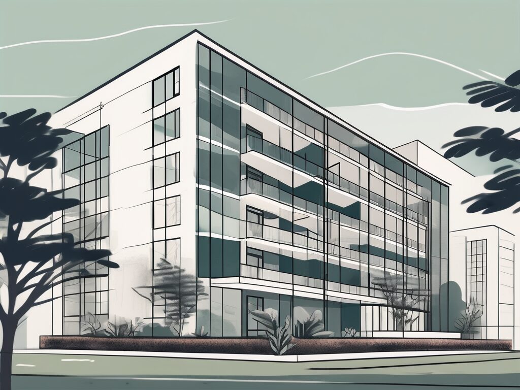 A well-maintained condominium building with visible elements like a clean swimming pool