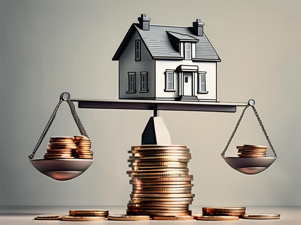 A scale balancing a house and a stack of coins