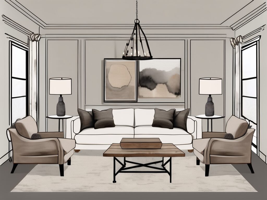 A chic and cozy living room with a restoration hardware aesthetic