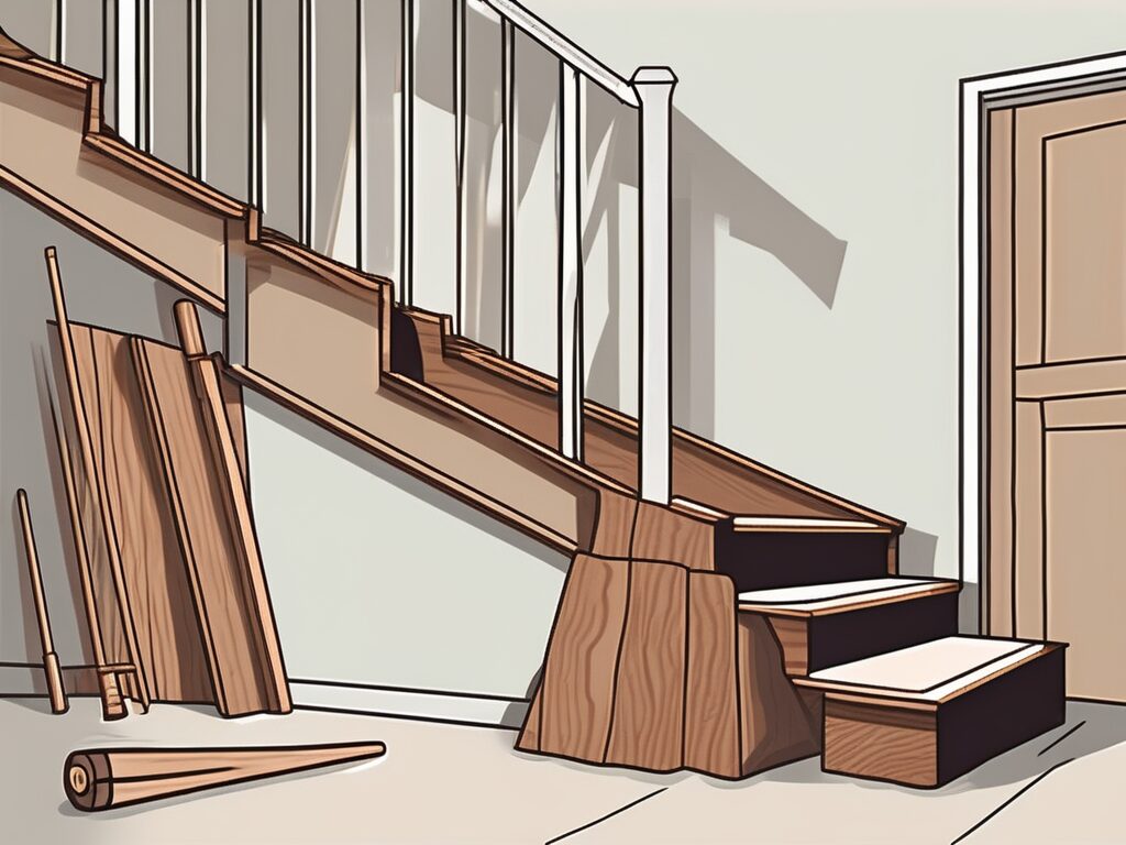 A carpeted staircase on the left side transitioning into a wooden staircase on the right side