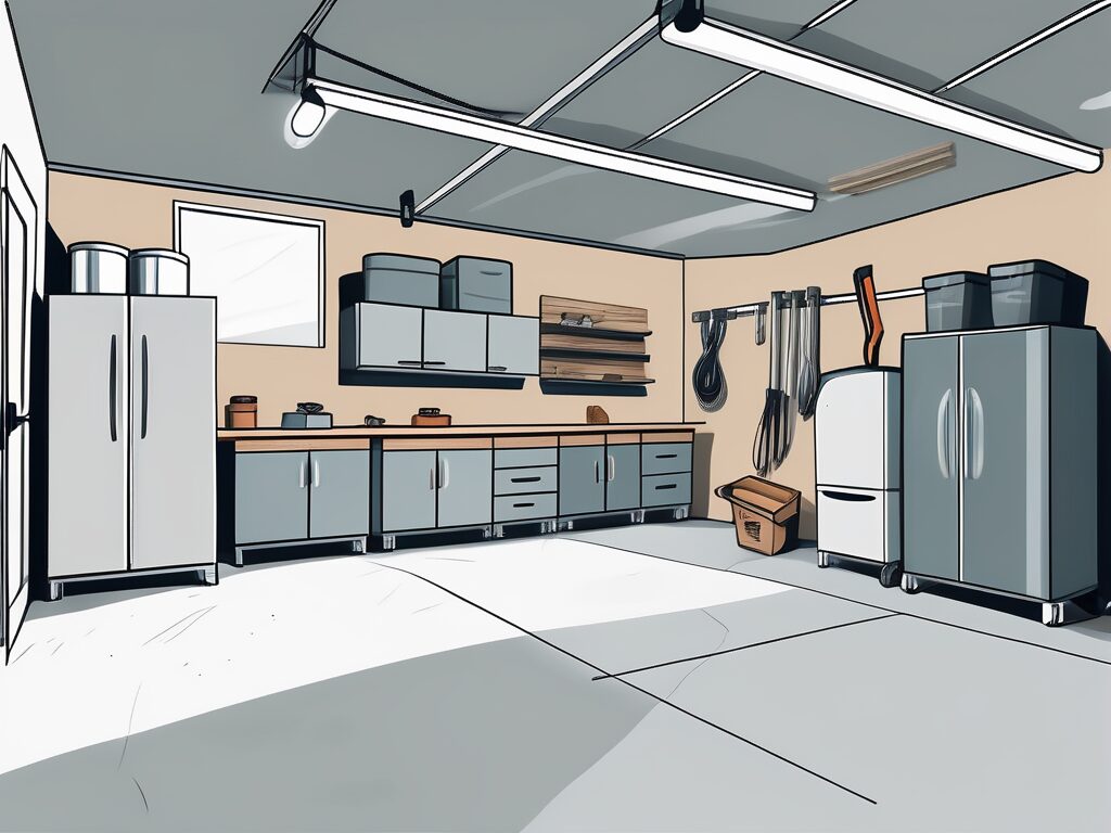 A transformed garage with various budget-friendly remodeling elements such as new flooring