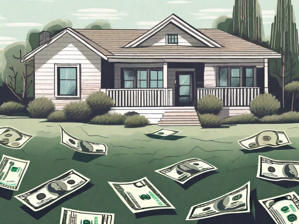 A picturesque los angeles home with dollar bills floating around it
