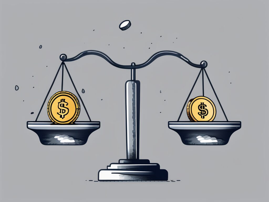 A pair of scales unbalanced with a stack of coins on one side