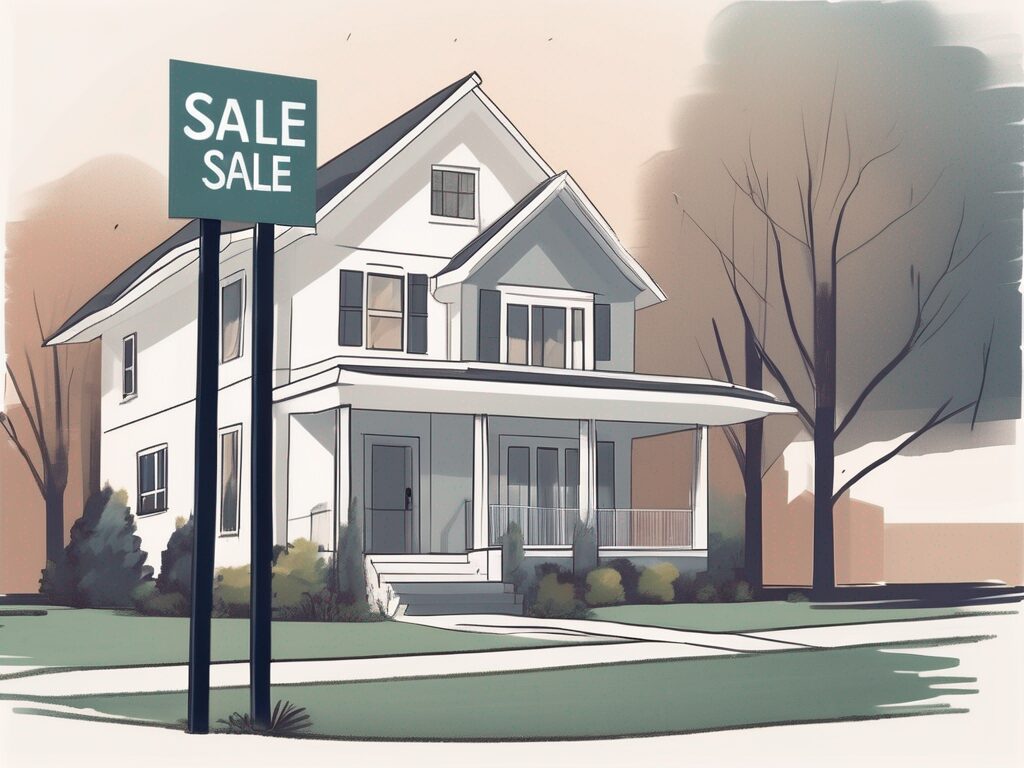 A house with a 'for sale' sign in the front yard