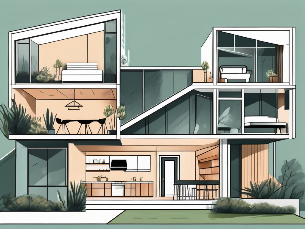 A house under construction with five distinct areas showcasing a renovated kitchen
