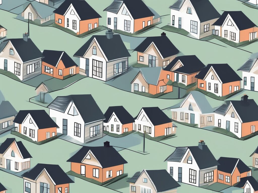 A magnifying glass hovering over a variety of houses