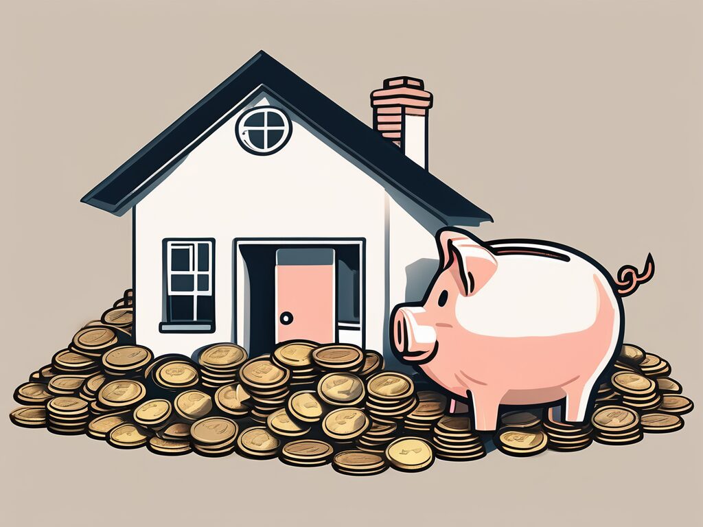 A piggy bank shaped like a house on top of a pile of coins