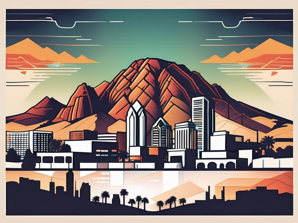 A vibrant phoenix skyline with a variety of architectural styles representing real estate properties