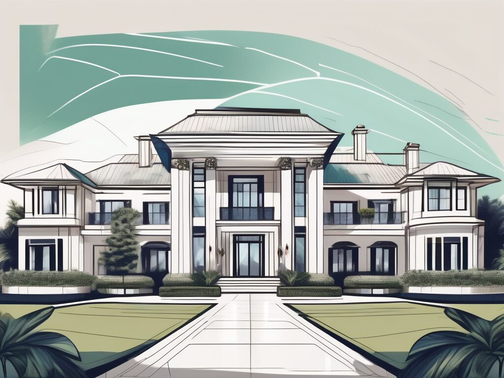 A lavish mansion with opulent details like a sprawling lawn