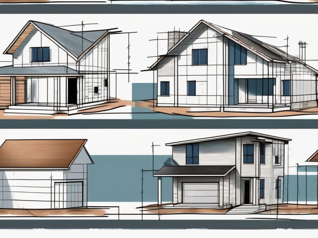 Various stages of a house being built