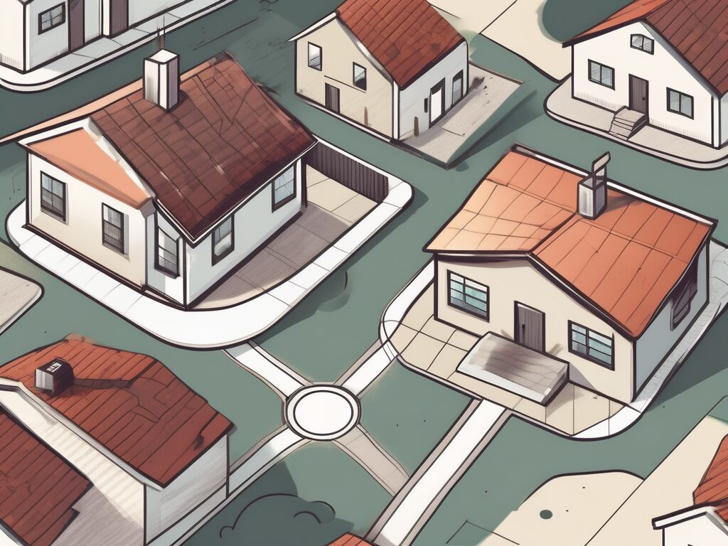 A military base with various styles of houses in the foreground