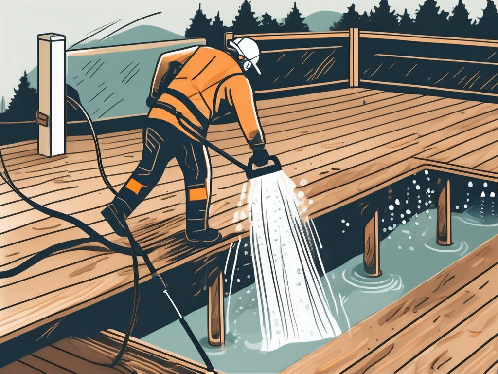 A power washer aimed at a wooden deck