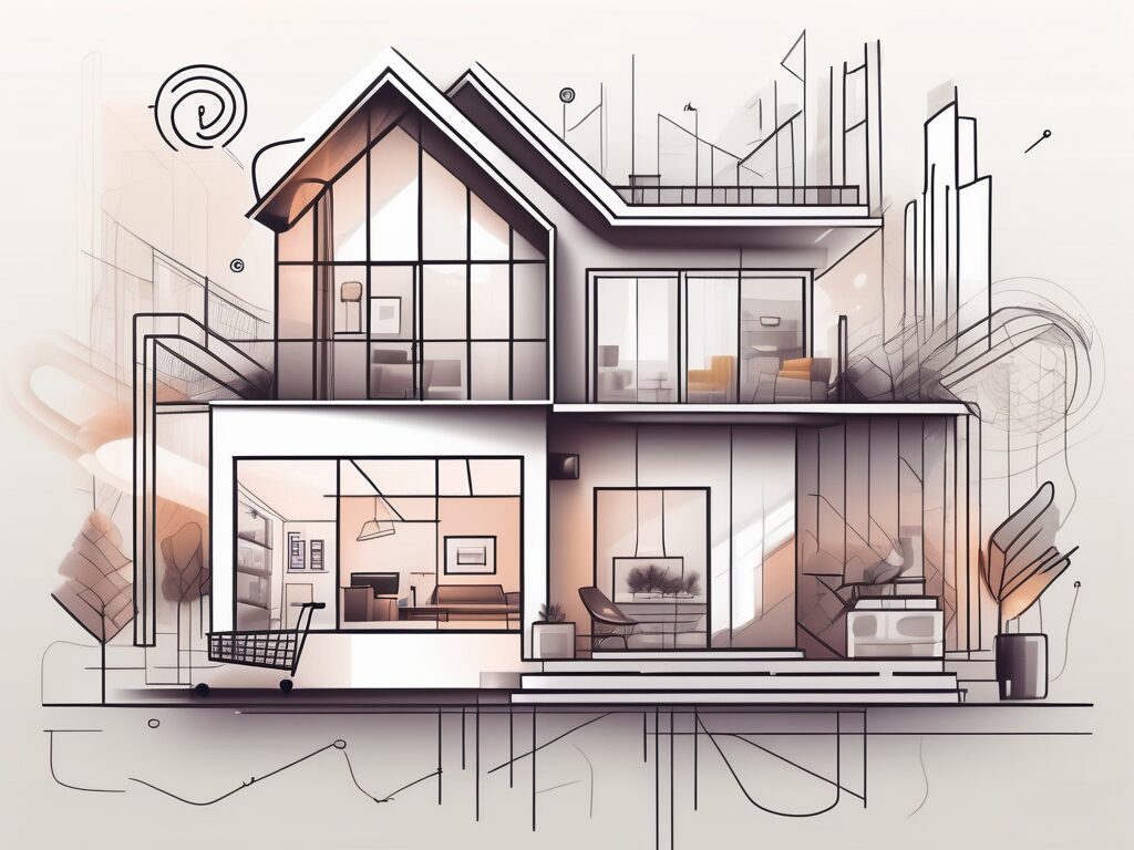 A modern home surrounded by digital elements like a mouse cursor