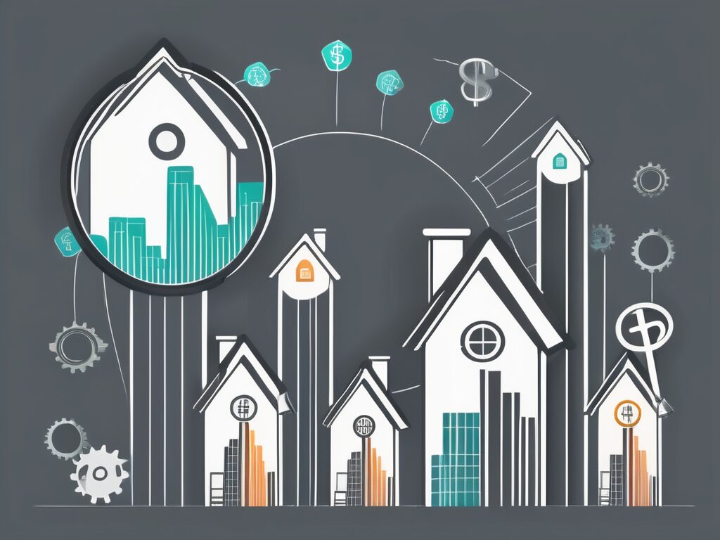 A variety of houses of different sizes and styles ascending on an upward curve