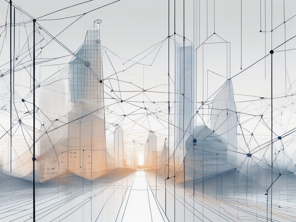 A digital interface showcasing a complex network of data points and algorithms