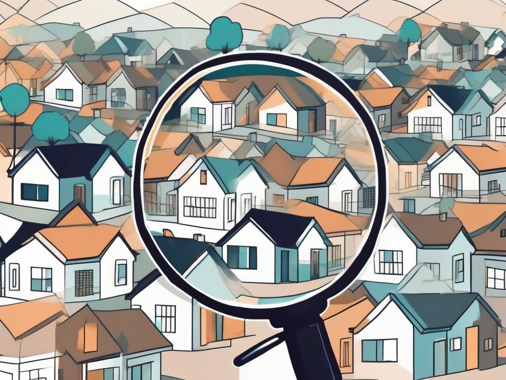 A magnifying glass hovering over a diverse neighborhood of houses