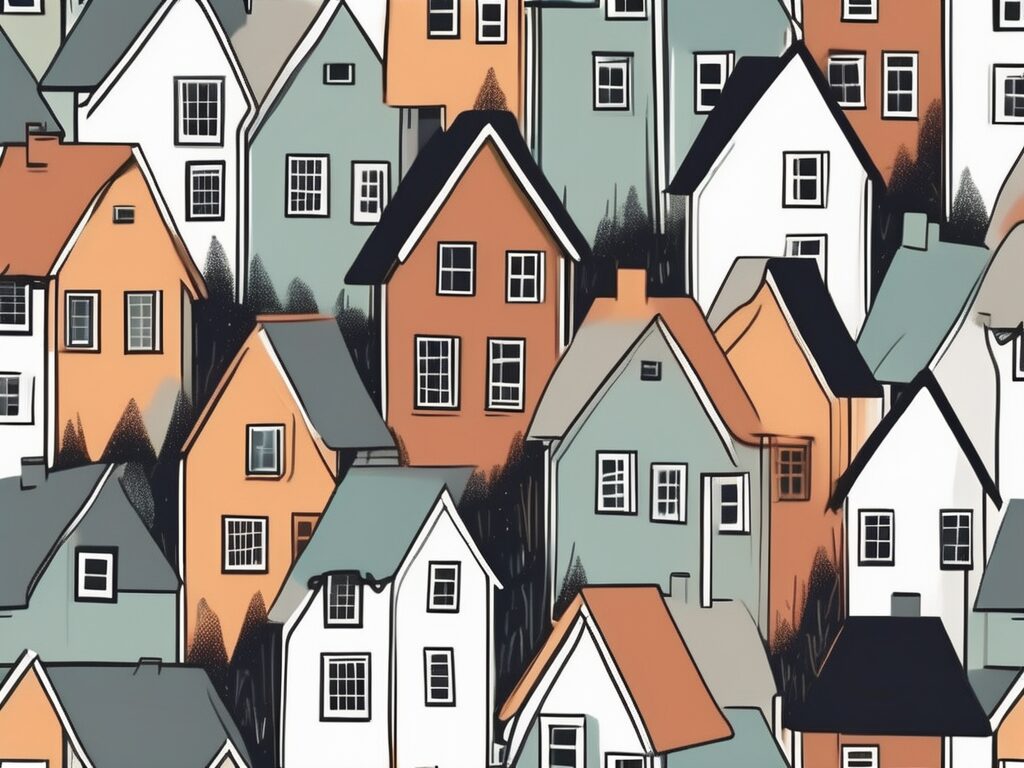 A housing market represented by a row of diverse houses on a shifting