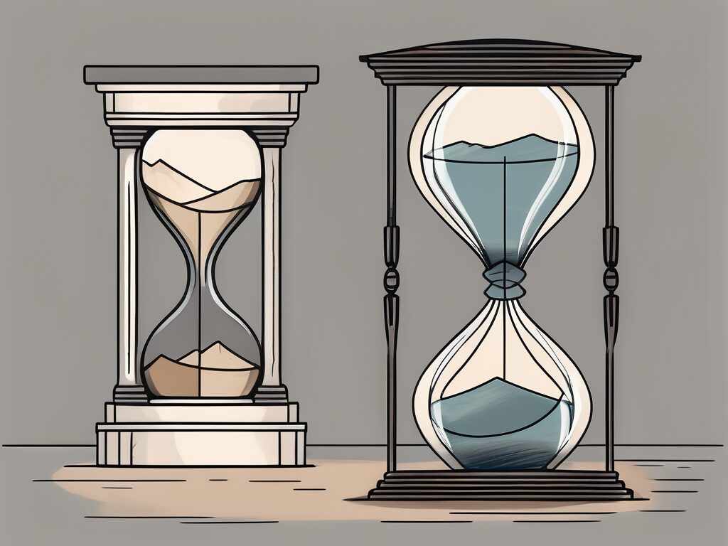 A house with a large hourglass next to it