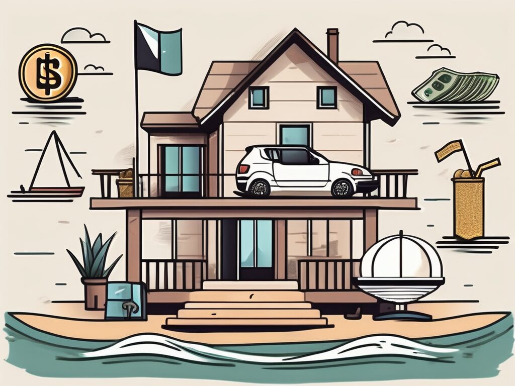 A balanced scale with a house on one side and a stack of money on the other