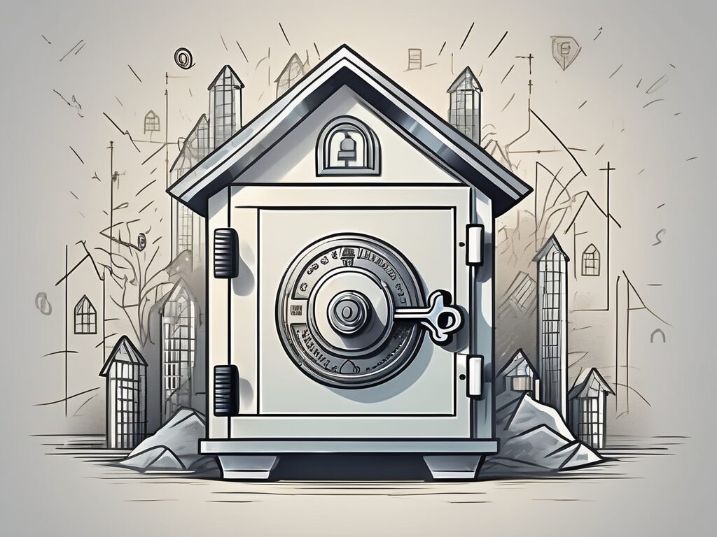 A fortified safe surrounded by various symbols of real estate like keys