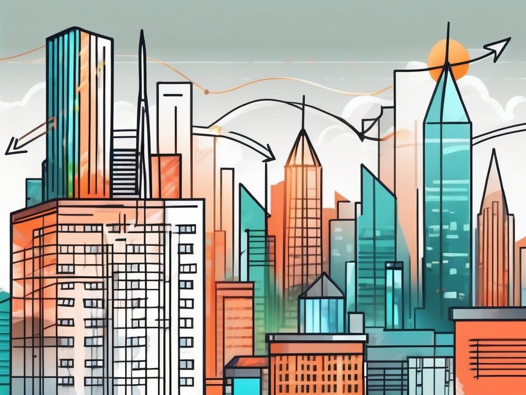 A vibrant city skyline with a few highlighted buildings