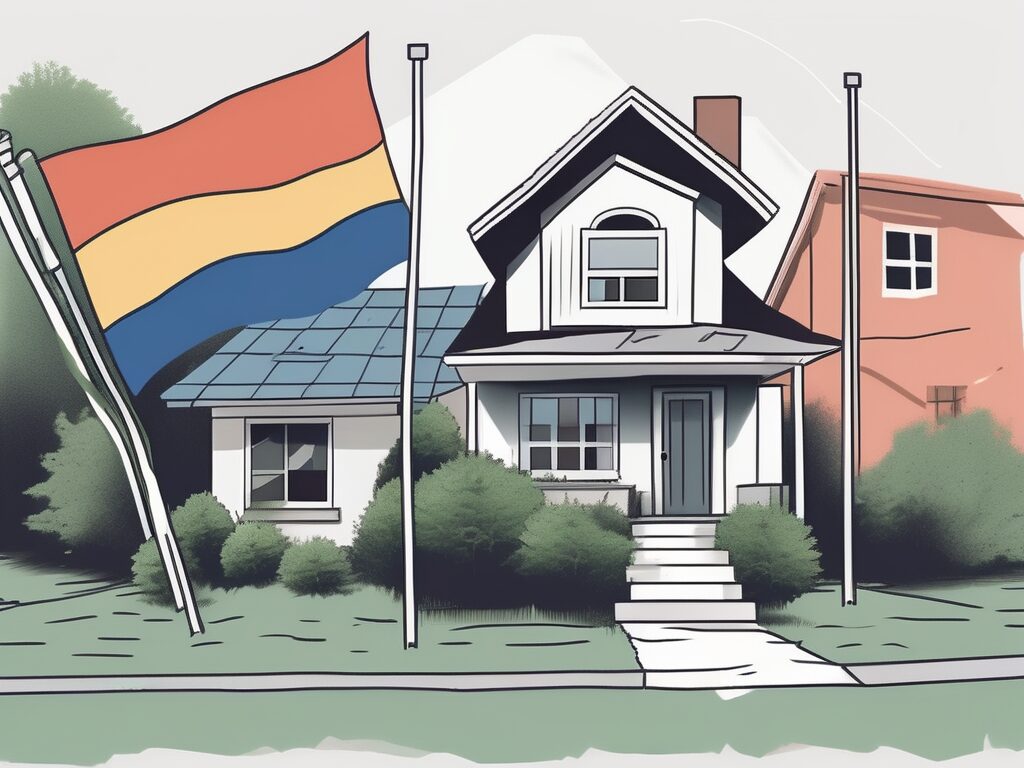 A house with different colored flags sticking out from it