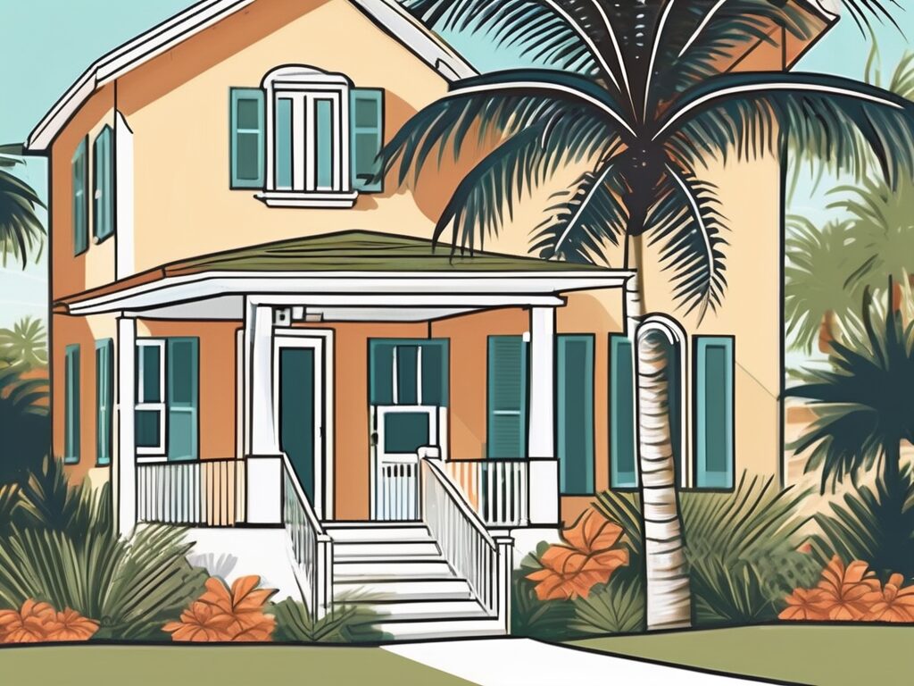 A picturesque florida home with a for-sale sign in the lush yard