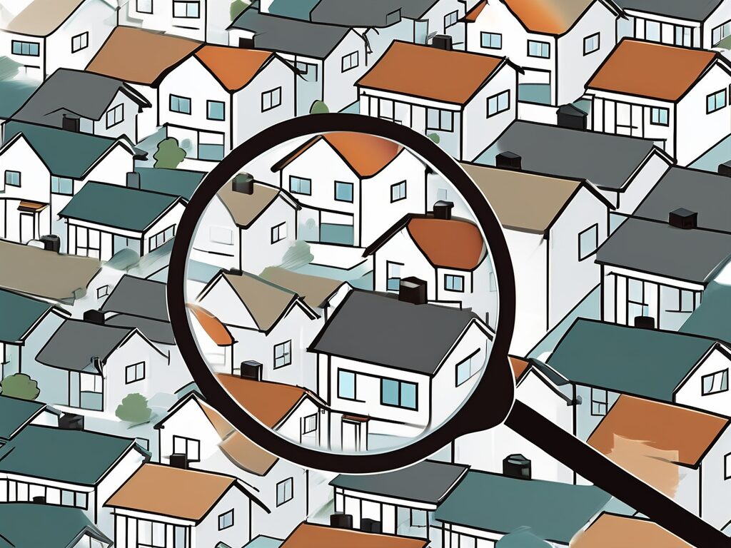 A magnifying glass hovering over a neighborhood of various homes