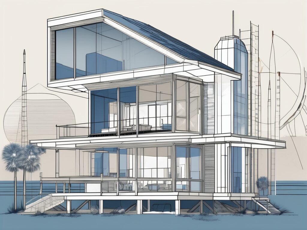 A partially constructed house with a blueprint