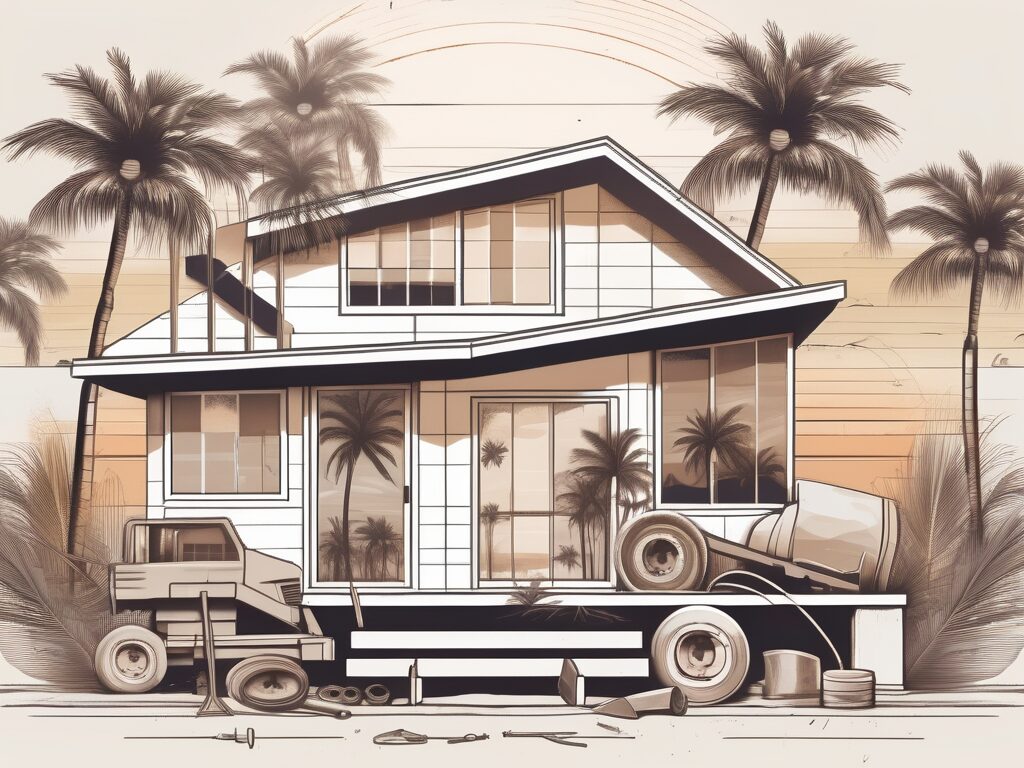 A partially constructed house with various construction tools scattered around