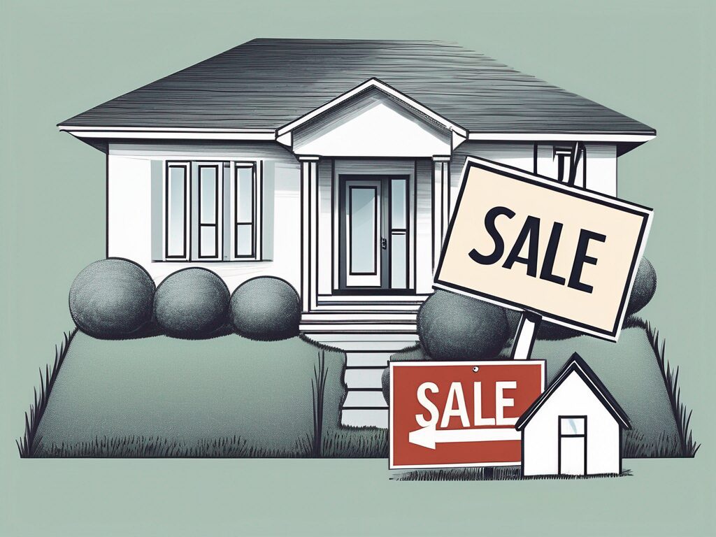A house with a "for sale" sign on the front lawn