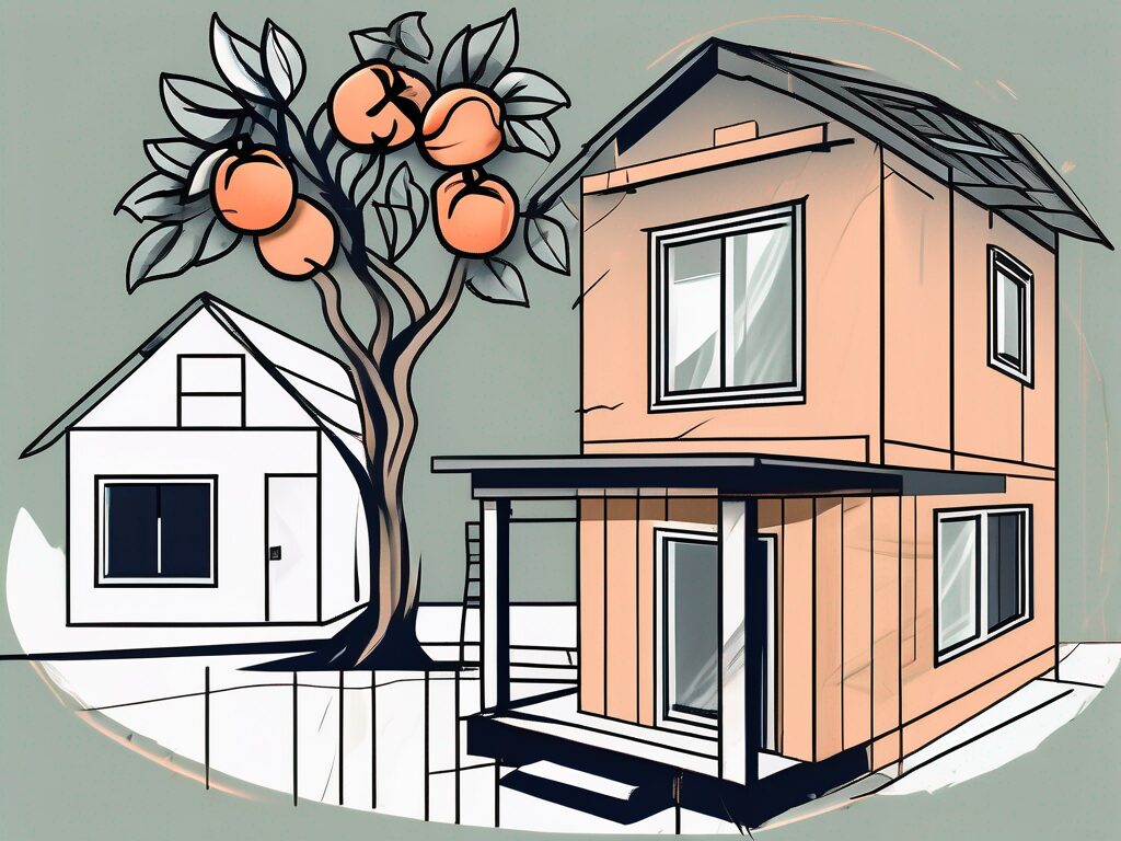 A partially constructed house with a peach tree in the foreground