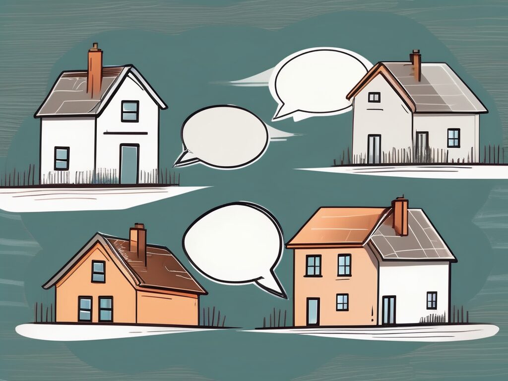 Two houses with speech bubbles in different languages
