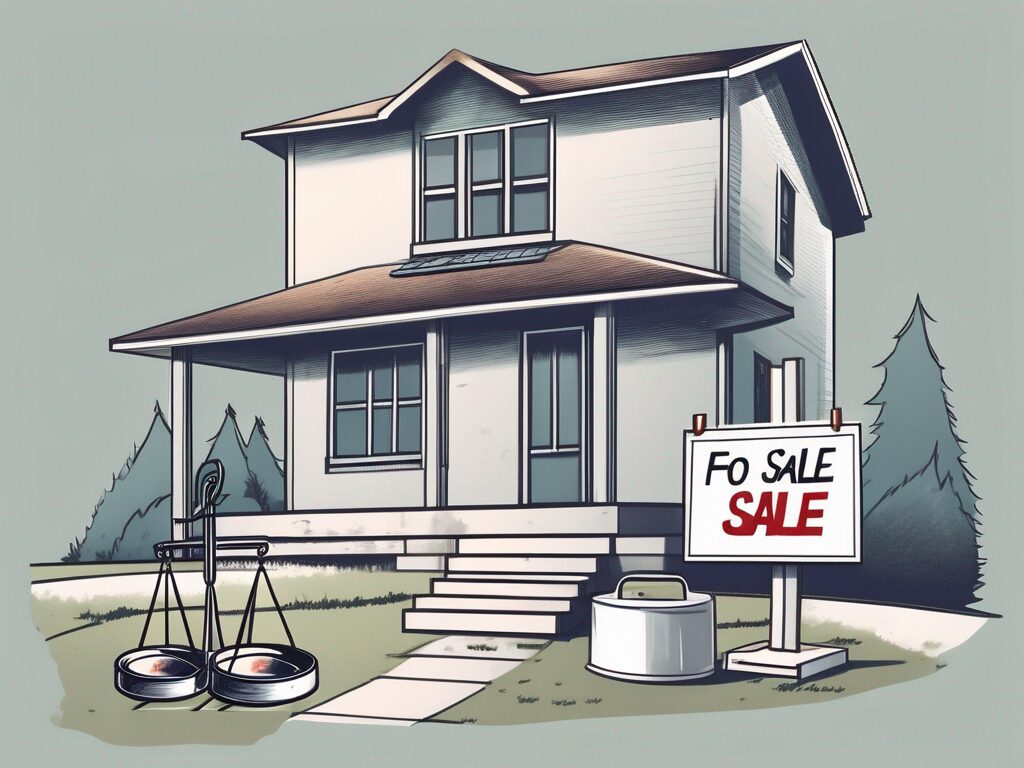 A house with a "for sale" sign in the yard