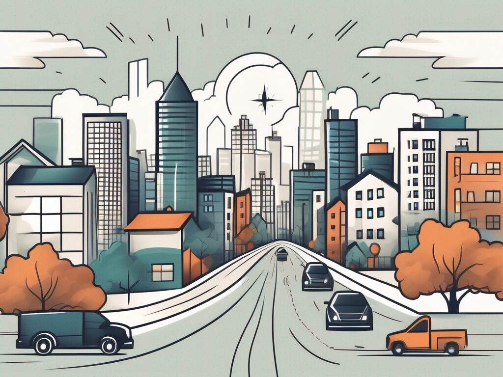 A city skyline transitioning into a suburban landscape