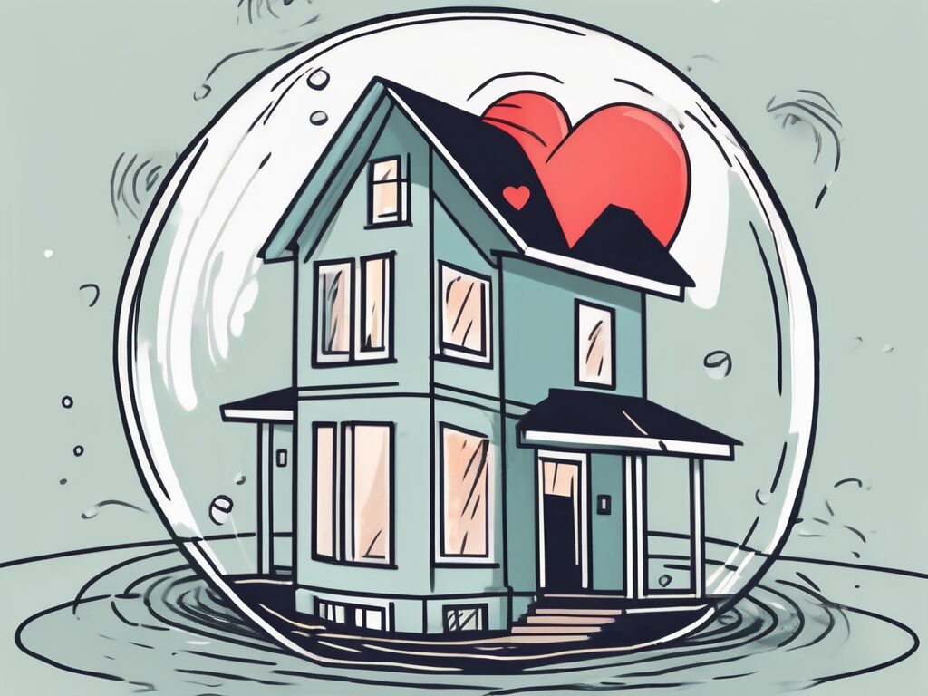 A house with a "for sale" sign on one side and a broken heart on the other