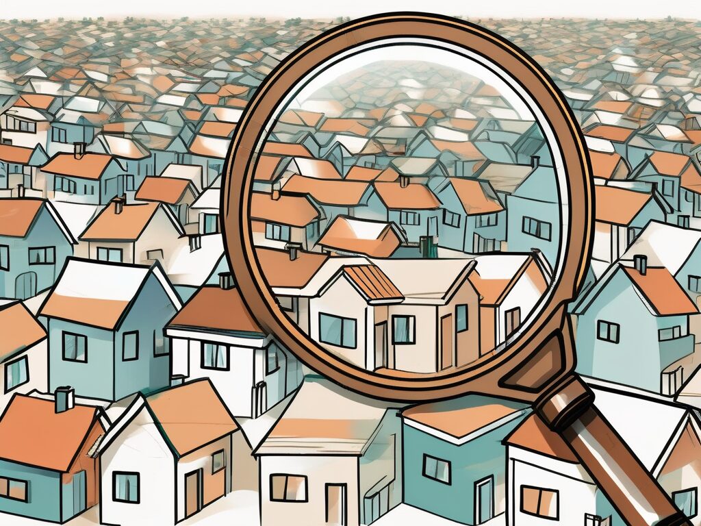 A magnifying glass hovering over a selection of diverse house styles