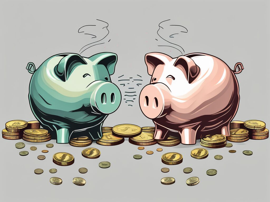 A split piggy bank with coins and dollar bills flowing into two separate tax breaks