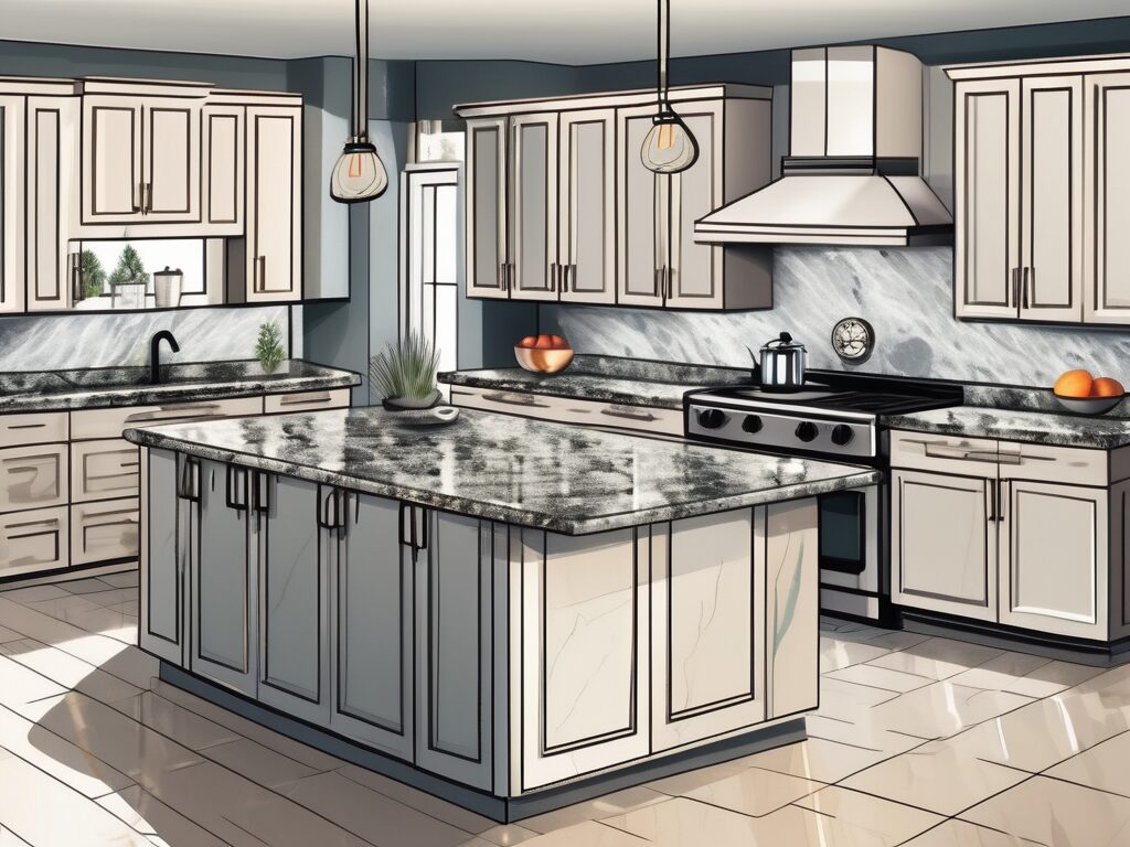 A beautifully designed kitchen featuring shiny granite countertops