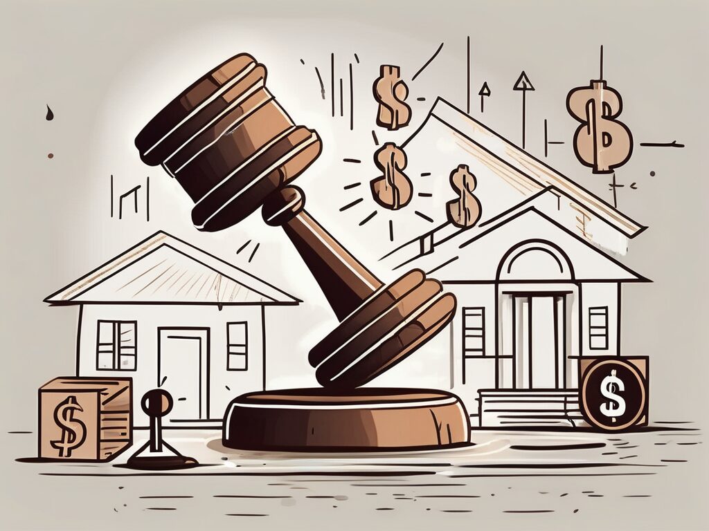A gavel striking down on a house-shaped auction block