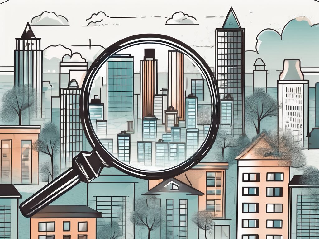 A magnifying glass hovering over a cityscape with various real estate symbols such as a house