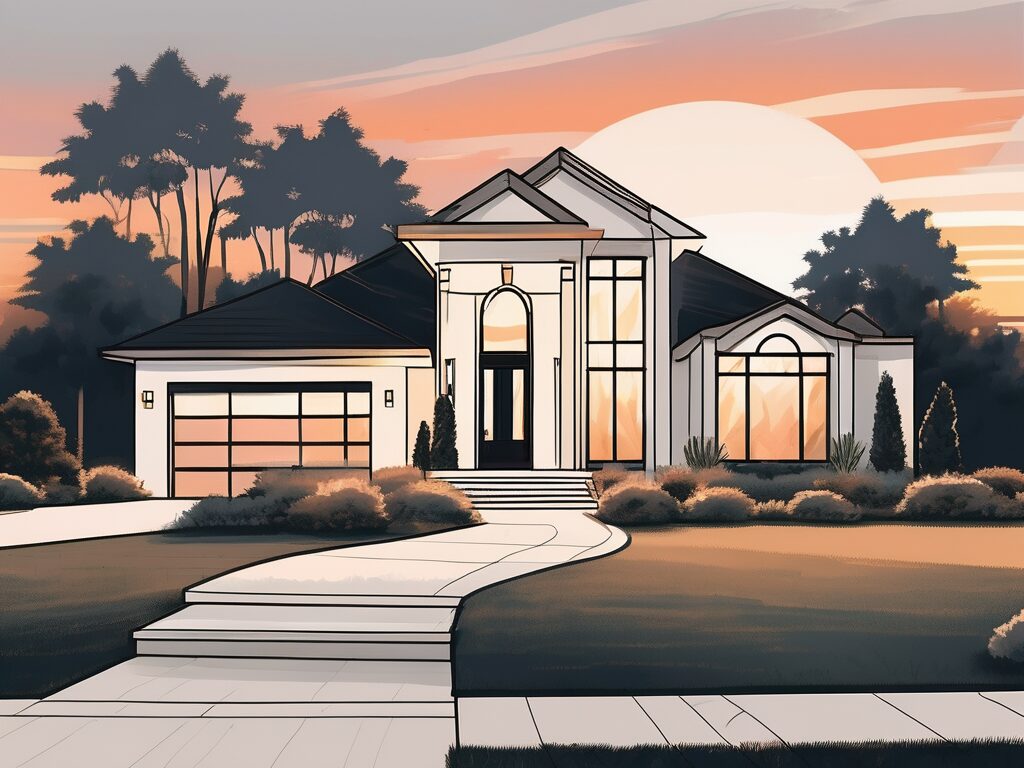 A luxurious million-dollar home with a sign in the front yard indicating it's available for rent-to-own