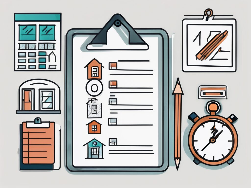 A checklist on a clipboard with symbolic icons representing various stages of home selling like a house